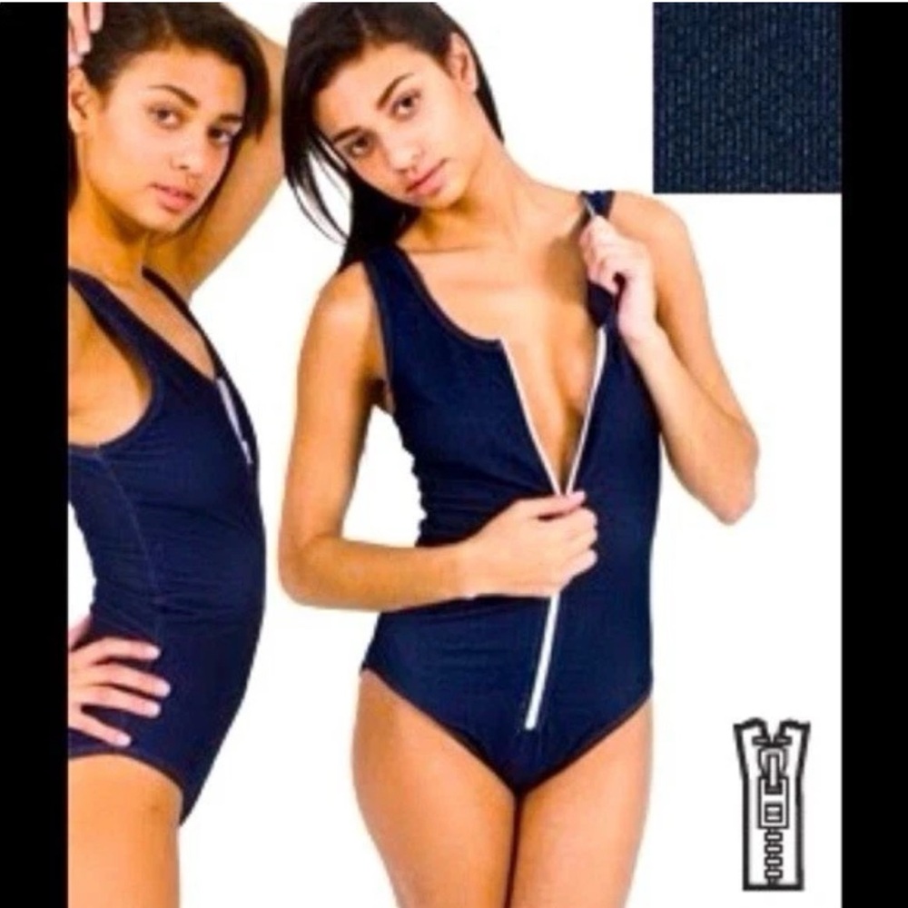 American Apparel denim textured Blue White zipper Bodysuit